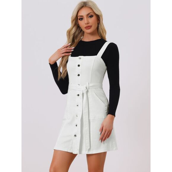 Women's Classic Adjustable Strap A-Line Overall Denim Dress White - Picture 2 of 6